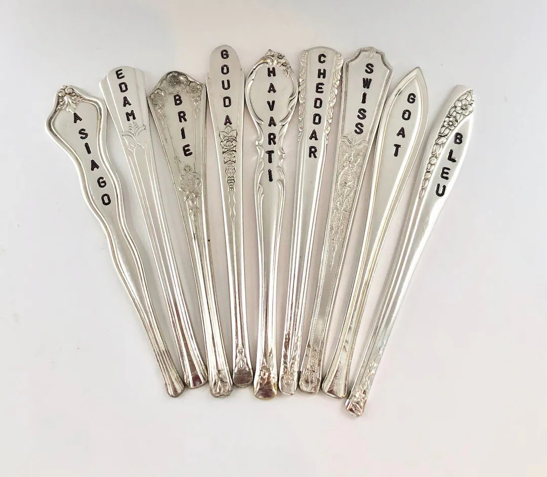 Handstamped Vintage Silverplate Cheese Markers: Charcuterie Board Set of 9 - Etsy | Etsy (US)