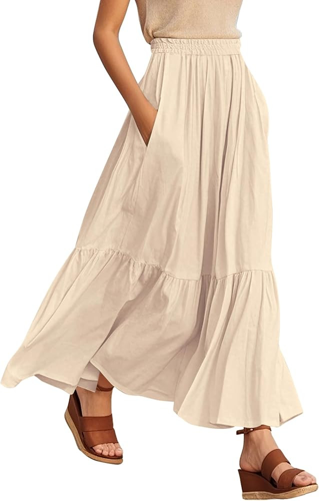 Urban CoCo Women's Boho Flowy Maxi Skirt Elastic Waisted A-Line Summer Beach Skirts with Pockets | Amazon (US)