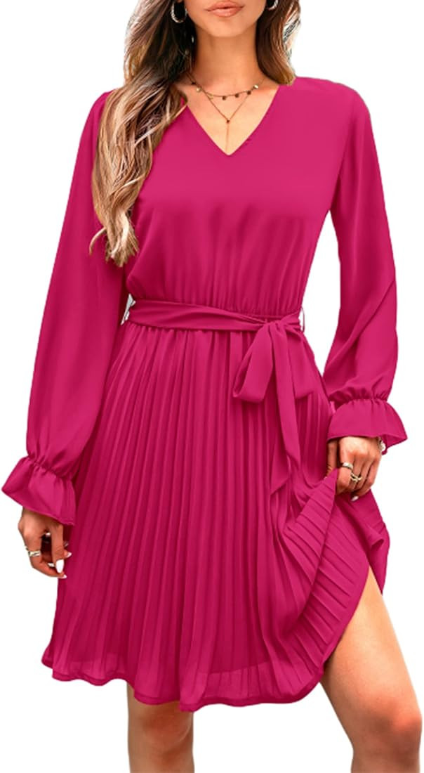 PRETTYGARDEN Women's Casual Fall Dresses Long Puff Sleeve V Neck Pleated Ruffle Flowy Belted Dres... | Amazon (US)