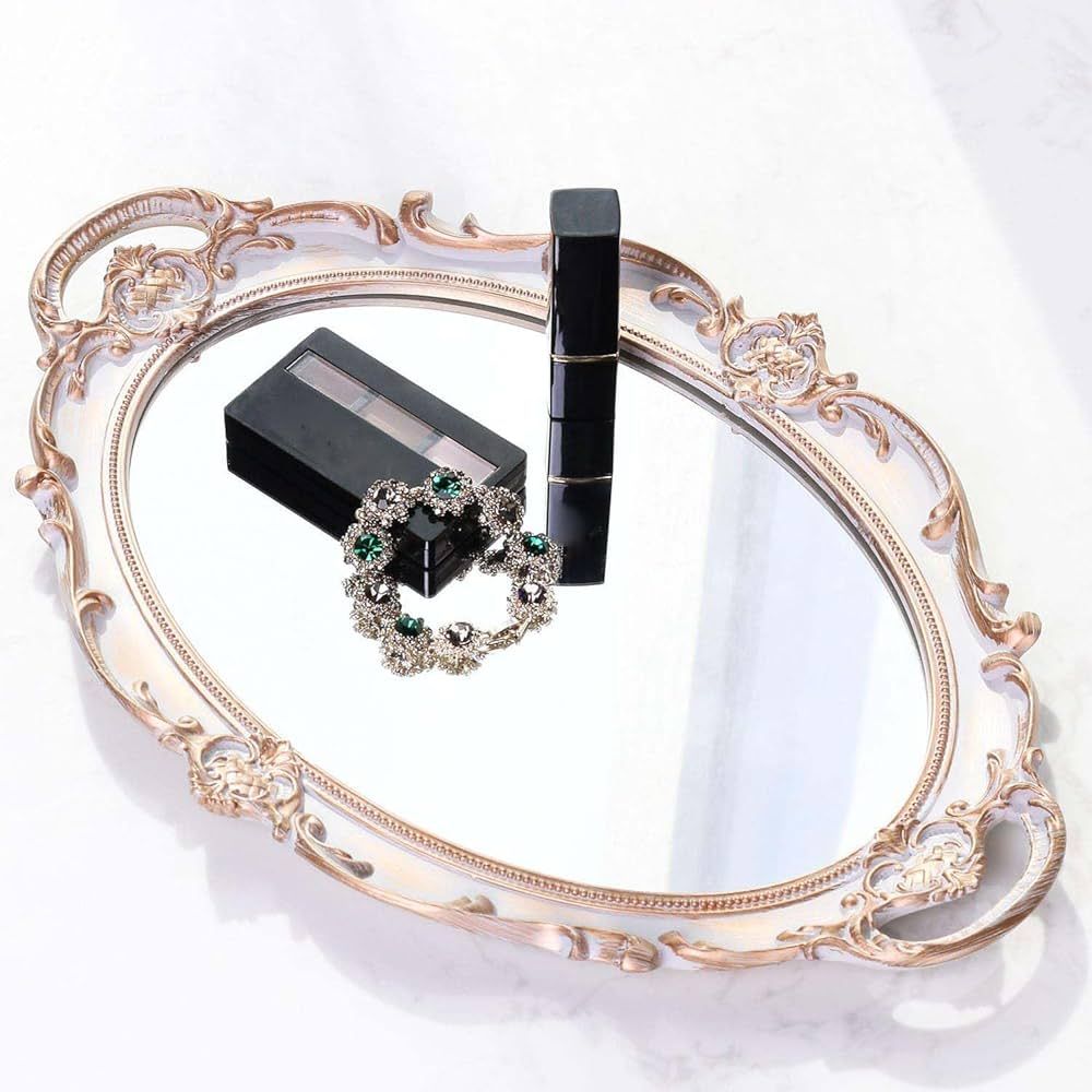 Zosenley Polyresin Ellipse Antique Decorative Mirror Tray, Makeup Organizer, Jewelry Organizer, S... | Amazon (US)