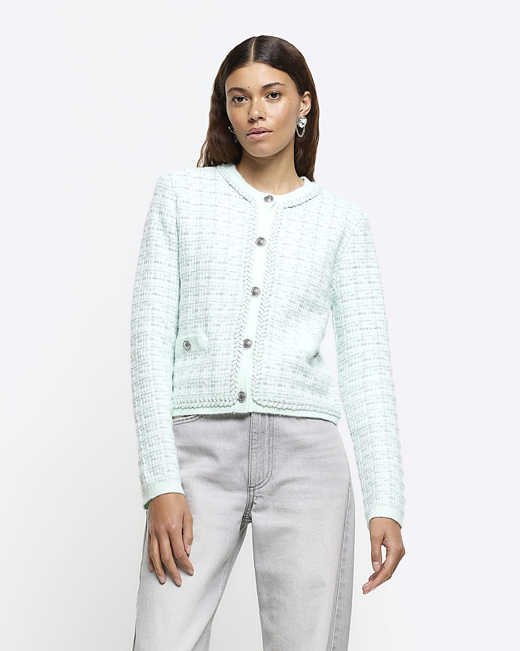 Green boucle knitted cardigan | River Island (UK & IE)