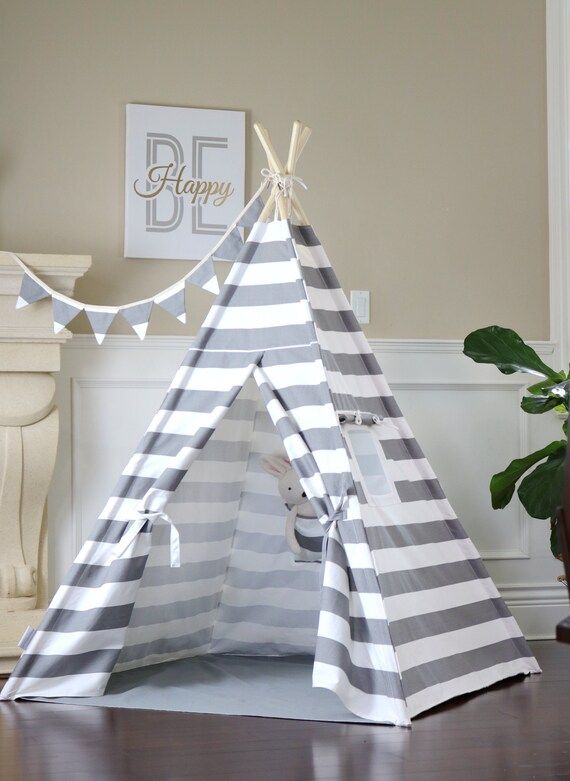 Grey Stripe Teepee Bundle with Poles,Floor,LED Light, Flags and Storage Bag | Etsy (CAD)