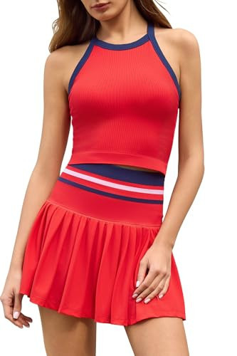 QINSEN Womens Two Piece Tennis Skirt Set Ribbed Knit Padded Tank Top High Waisted Pleated Athletic Golf Skort 2 Piece Outfits Red S | Amazon (US)
