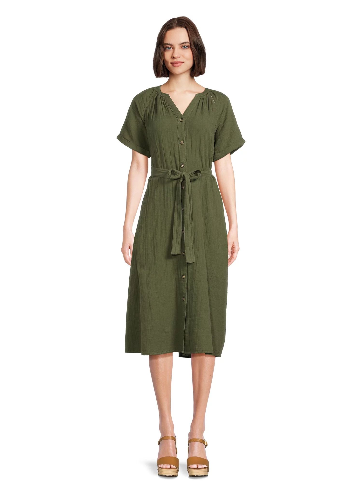 Time and Tru Women's Double Cloth Shirt Dress, Sizes XS-XXXL | Walmart (US)