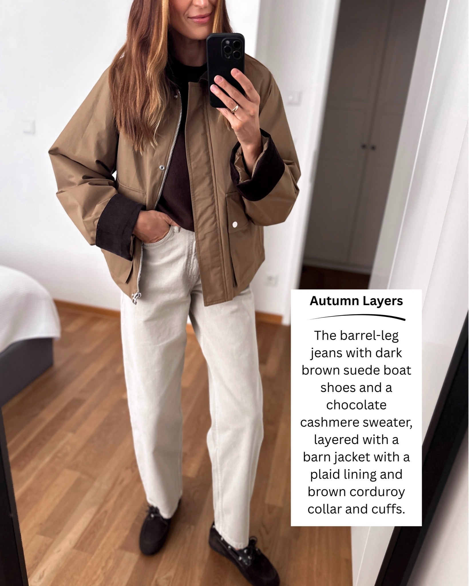 Brown and beige / Autumn look / Barn Jacket / Barrel Leg Jeans / Brown Cashmere 
___
@mango 
Jacket - size S (runs big)
Jeans - size S/36

Jumper - @UNIQLO - tts 

Shoes @Boden (UK) true to size 
___

#autumnoutfit #ad #outfitinspiration