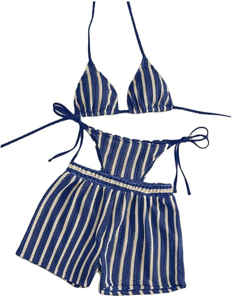 QJQ Women's 3 Pieces Striped Thong Bikini Set Halter Triangle Boho Bathing Suits with Textured Co... | Amazon (US)