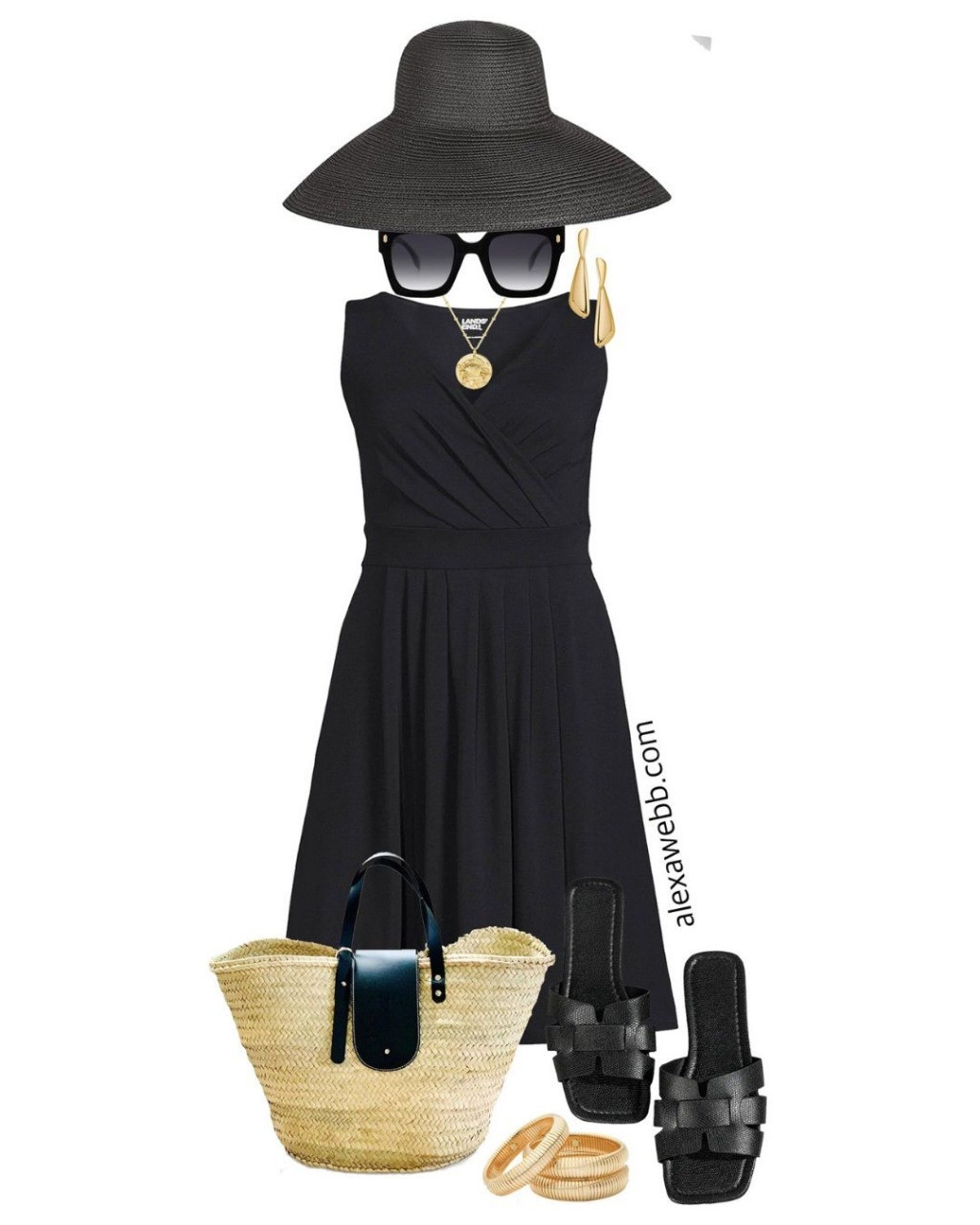 Plus Size Chic Black Swimwear -Two plus size outfits with a black knit dress. Each with a plus size black dress, straw tote bag, and flat sandals. Perfect for vacation! Alexa Webb #plussize

#LTKSwim #LTKStyleTip #LTKPlusSize