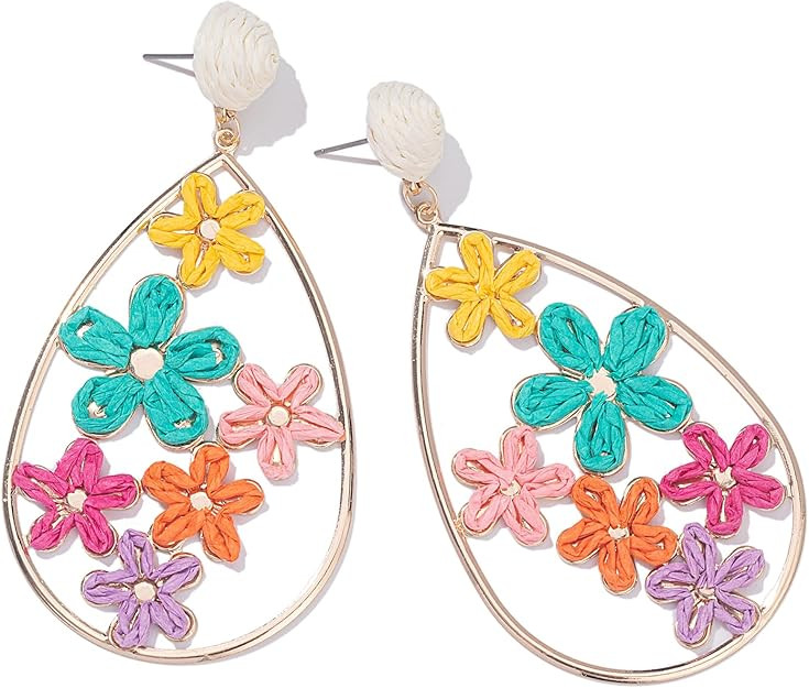 Flower Teardrop Earrings Boho Raffia Earrings Cute Floral Dangle Earrings Trendy Statement Jewelr... | Amazon (US)