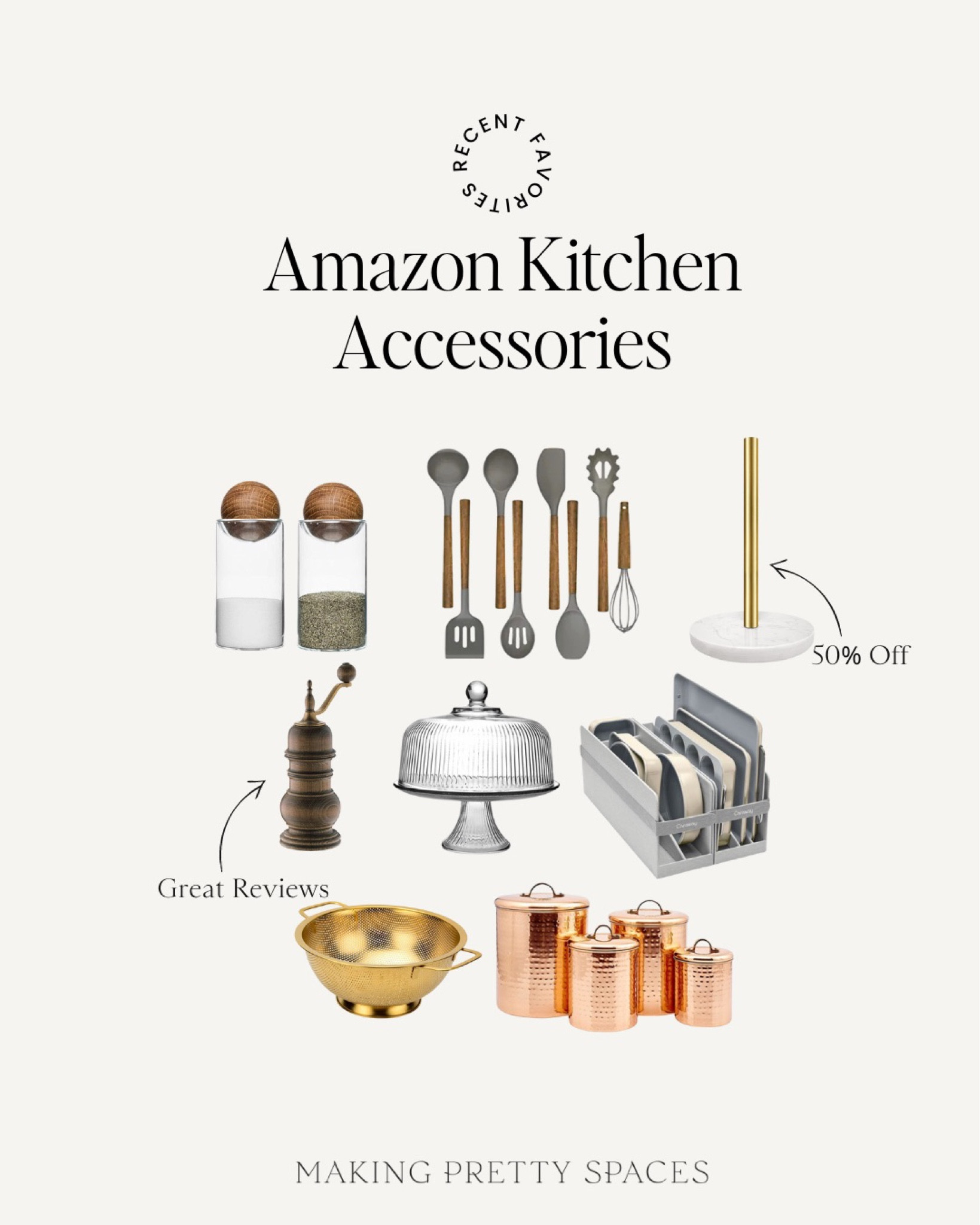 Shop my recent kitchen favorites from Amazon!
Salt and pepper, silicon utensils, marble paper towel holder, cake stand, bakeware, canisters, strainer

#LTKstyletip #LTKhome #LTKsalealert