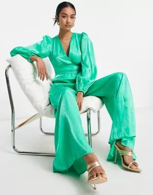 Topshop ruched waist plunge satin jumpsuit in green | ASOS (Global)