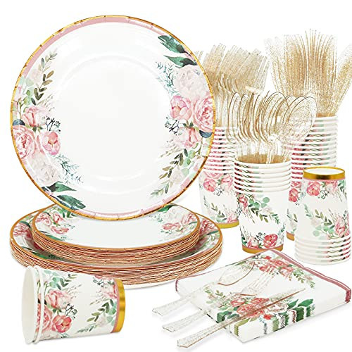 Floral Party Supplies bridal shower paper plates and Napkins Sets for 24 Guest-Floral Party Disposable Paper Dinner Plates,Cups,Knives, Spoons, Forks, for Baby Shower Birthday Bridal Shower Tea Party | Amazon (US)