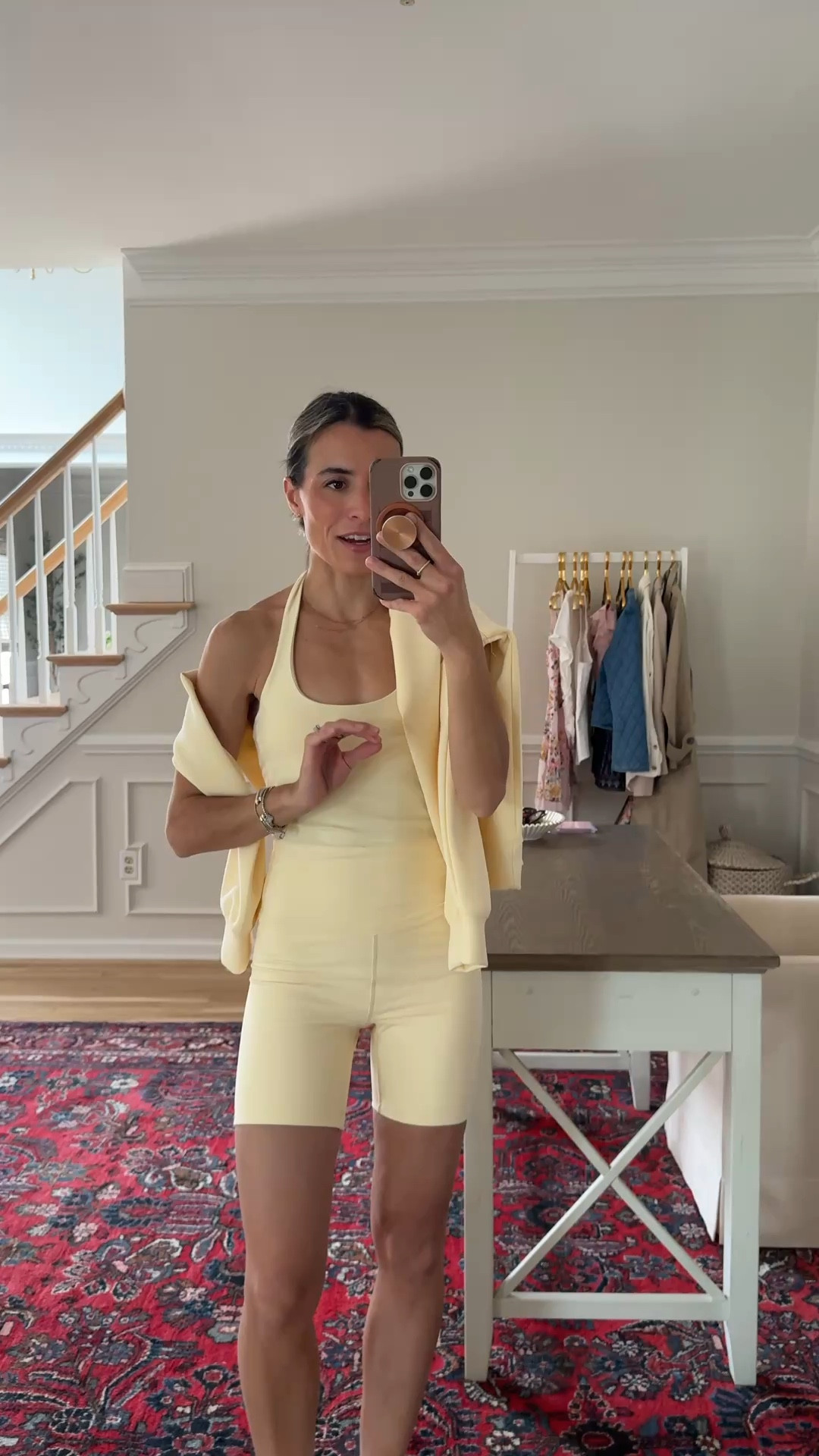 Halter runs big wearing XS 
Shorts XS 
Sweatshirt small 

#LTKgrwm #LTKmomlife