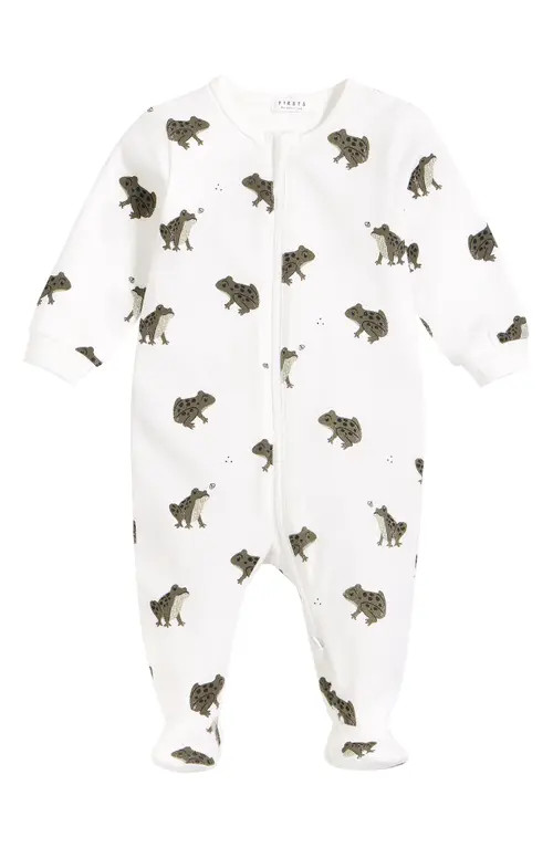 FIRSTS by Petit Lem Frog Print Fitted One-Piece Organic Cotton Pajamas in 101 Off White at Nordstrom | Nordstrom