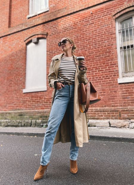 Fall outfit, trench coat, striped sweater, AGOLDE Fen jeans, brown suede boots, Celine bucket bag

#LTKSeasonal #LTKstyletip #LTKunder50