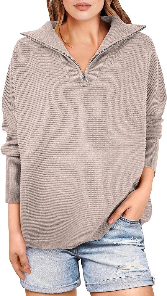 ANRABESS Women's Sweaters Quarter Zip Oversized Pullover Casual V Neck Collared Ribbed Knit Tunic... | Amazon (US)