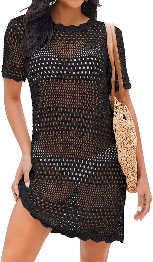 Bluetime Women Swimsuit Cover up Crochet Hollow Out Short Sleeve Beach Dress Flowy Swim Bikini Co... | Amazon (US)