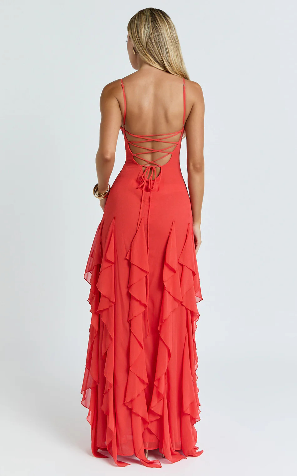 Maeve Maxi Dress - V Neck Ruffle Tier Slip Dress in Chilli | Showpo (US, UK & Europe)