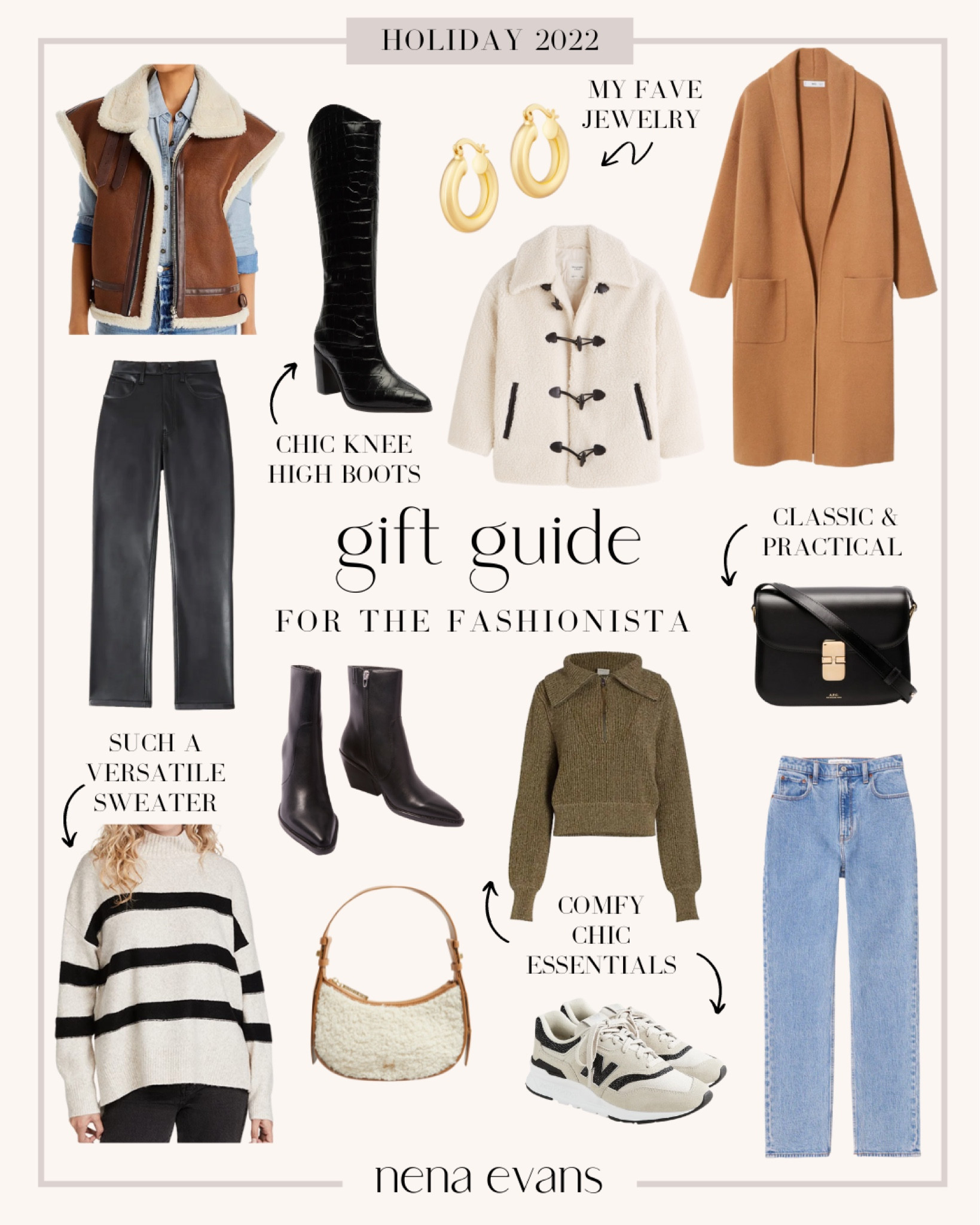 Gift guide for fashion lover, gift ideas for the fashionista, gifts for her. Code NENA20 to save on my favorite gold jewelry! 









Gift ideas for her
Gift guide for her
Style gifts
Fashion gifts
Abercrombie coat
Abercrombie jeans
Striped sweater
Everyday bag
Leather pants
Shearling vest
Sherpa jacket
Tan coat
Black knee high boots
Gold hoops 
Neutral sneakers
Black booties

#LTKGiftGuide #LTKstyletip #LTKHoliday