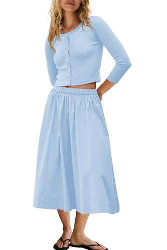 Panadila Womens 2 Piece Lounge Sets Matching Vacation Outfits Ribbed Button Down Cardigan and Elastic Waist Skirt Sets (Light Blue,XL) | Amazon (US)