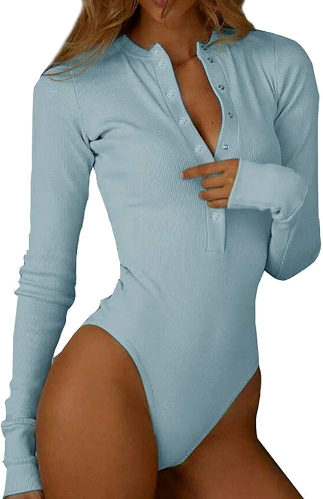 GEMBERA Women Front Zip Round Neck Long Sleeve Bodysuit Bodycon Ribbed Bodysuit Leotard Top | Amazon (US)