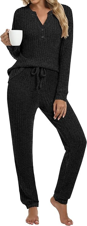 ANRABESS Womens Lounge Set 2025 Fall 2 Piece Outfit Long Sleeve Pajamas Sets Henley Top & Pants L... | Amazon (US)