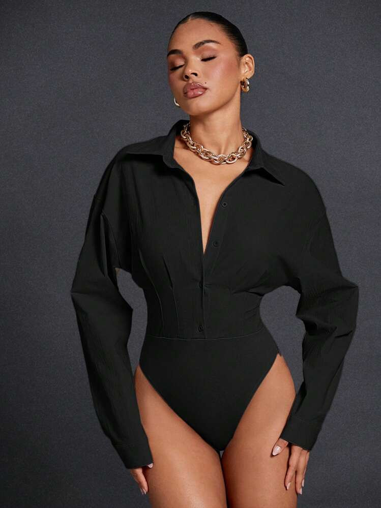 Hauture Button Down Collar Seam Detail Long Sleeve Bodysuit | SHEIN