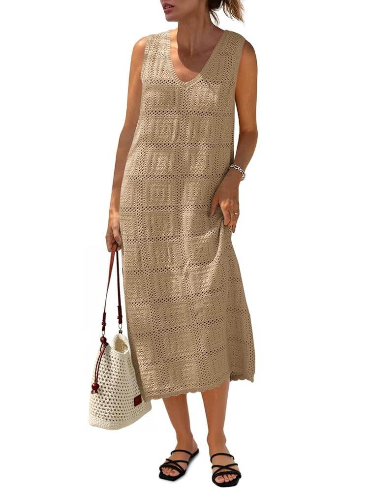 Fisoew Womens Crochet Sleeveless Dress Casual Summer V Neck Boho Knit Cover Up Beach Vacation Mid... | Amazon (US)