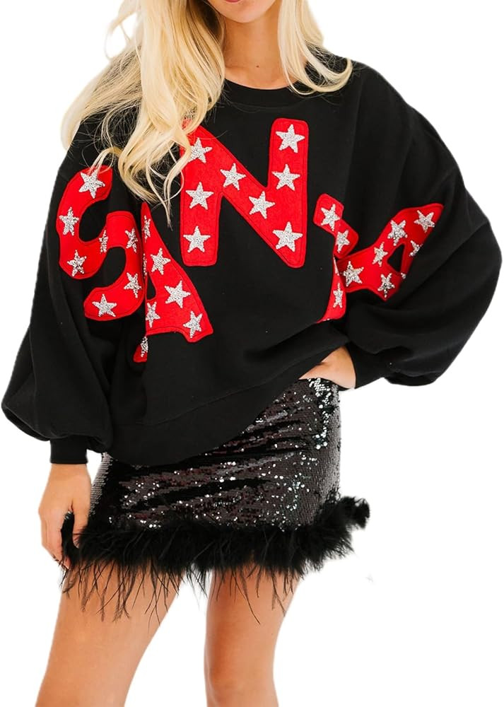 Women Sequin Christmas Sweatshirt Cute Graphic Sparkly Long Sleeve Crew Neck Pullover Y2k Oversiz... | Amazon (US)