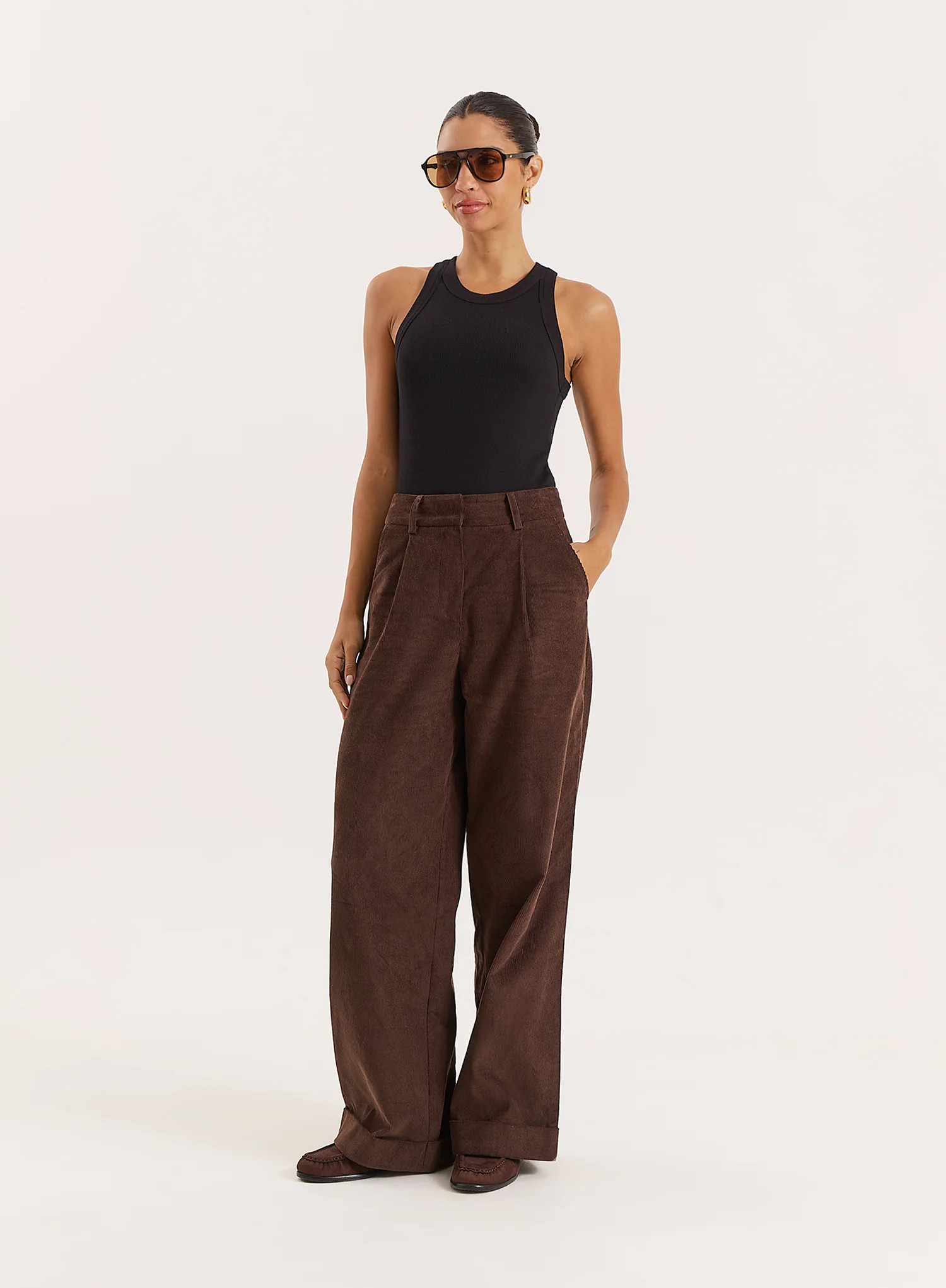 Chocolate Belted Turn Up Cord Wide Leg Trousers - Hughes | 4th & Reckless