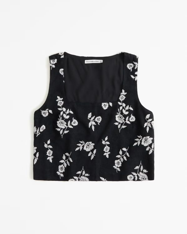 Linen-Blend Embroidered Squareneck Set Top | Abercrombie & Fitch (US)