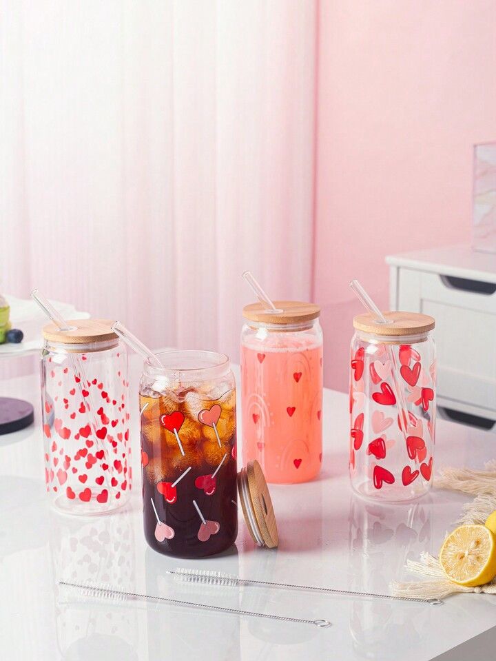 1pc/4pcs 400ml Clear Heart Shape Glass Cup With Straw, Bamboo Lid For Diy, Valentine'S Day Gift | SHEIN