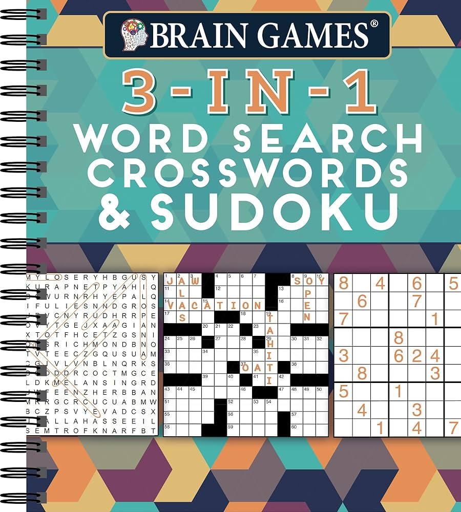 Brain Games - 3-In-1 Puzzle Book: Word Search, Crosswords & Sudoku | 256 Pages, Spiral Bound | La... | Amazon (US)