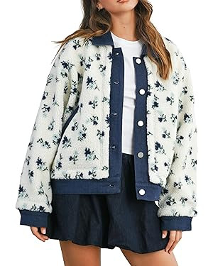 Women's Floral Sherpa Jacket Open Front Denim Collar Fleece Jackets Oversized Outerwear with Pock... | Amazon (US)