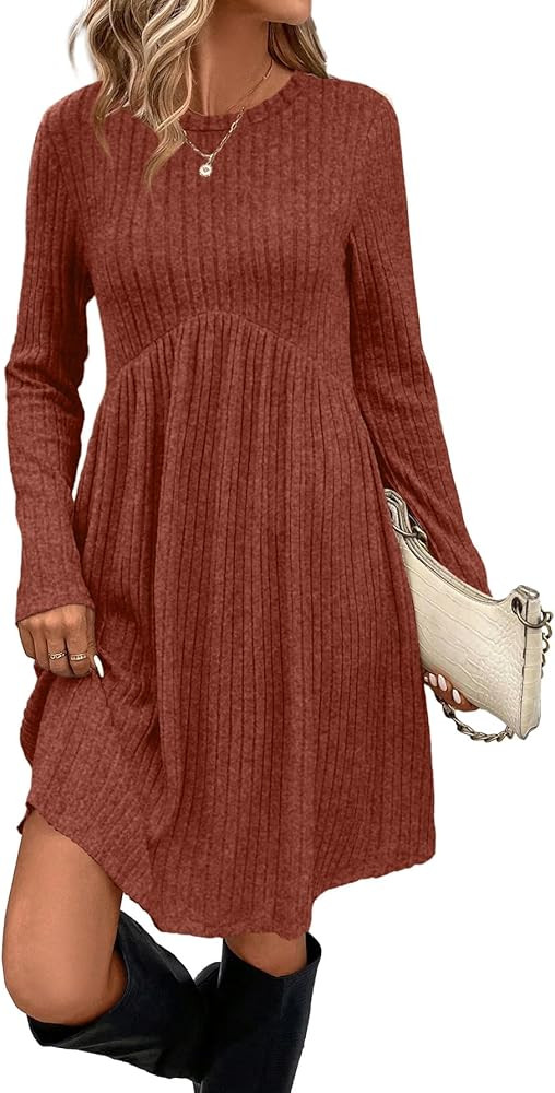OFEEFAN Long Sleeve Dress for Women Crew Neck Empire Waist Tunic Dress with Pockets | Amazon (US)