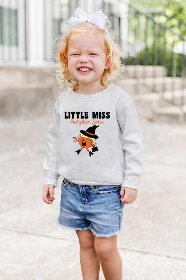 Little Miss Pumpkin Spice Kids Fleece Ash Graphic Sweatshirt | Pink Lily