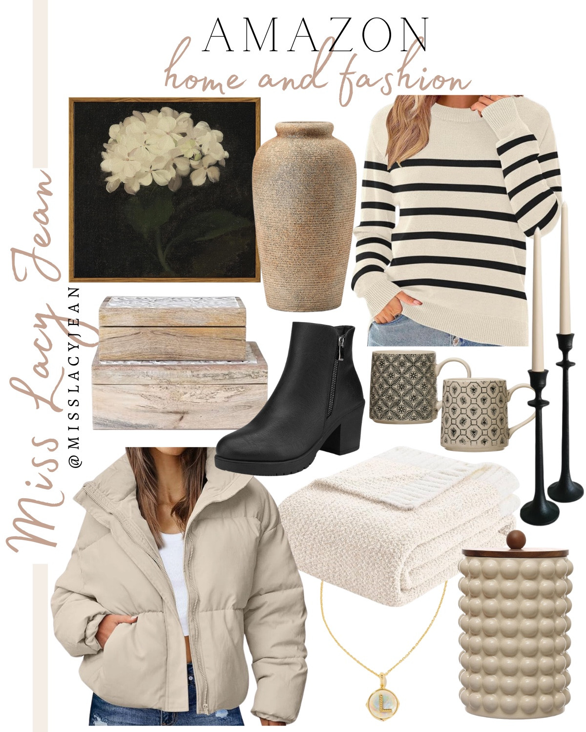 Amazon home and fashion includes coat, sweater, canister, blanket, vase, wall art, decorative boxes, boots, mugs, necklace.

Home decor, winter outfit, looks for less, Amazon finds

#LTKStyleTip #LTKHome #LTKFindsUnder50