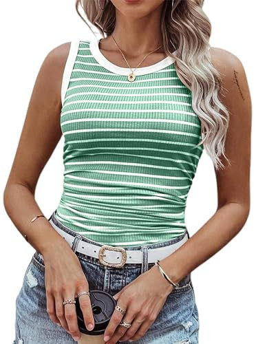 LilyCoco Womens Striped Tank Top Ribbed Ruched Side Fitted Sleeveless Shirts Green X-Large | Amazon (US)