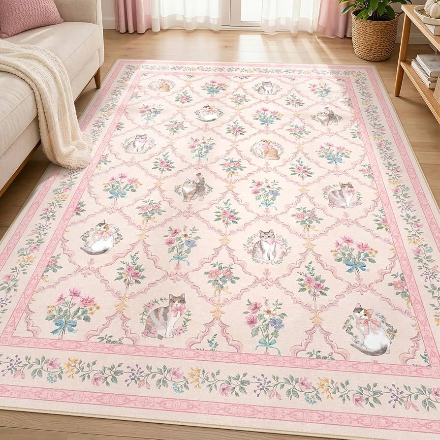 5x7 Pink Floral Cat Rug for Girls Bedroom, Washable Non Slip Area Rug for Nursery, Kids Room, Rea... | Amazon (US)