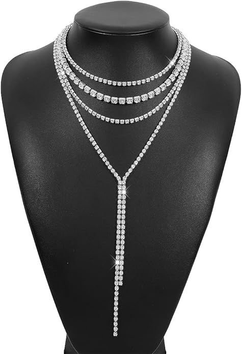 Missgrace 4 Tier Sexy Shiny Layered Y Long Choker Necklaces Rhinestone Necklace Chain Sparkly Cry... | Amazon (US)