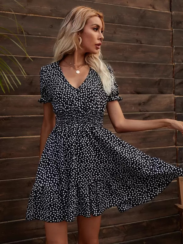 Ditsy Floral Shirred Waist A-line Dress | SHEIN