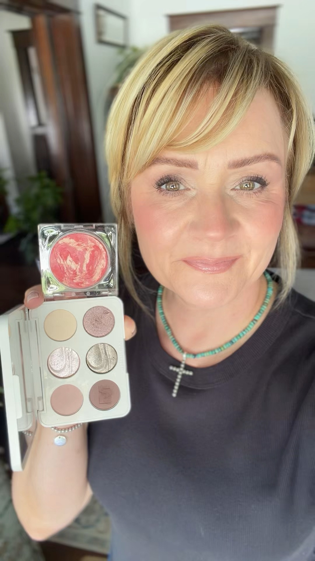 Today’s makeup. 
Eyeshadow palette in Rich Glitch
Blush in Whip
Serum foundation in 5N
Lipstick in Blazd Donut.
