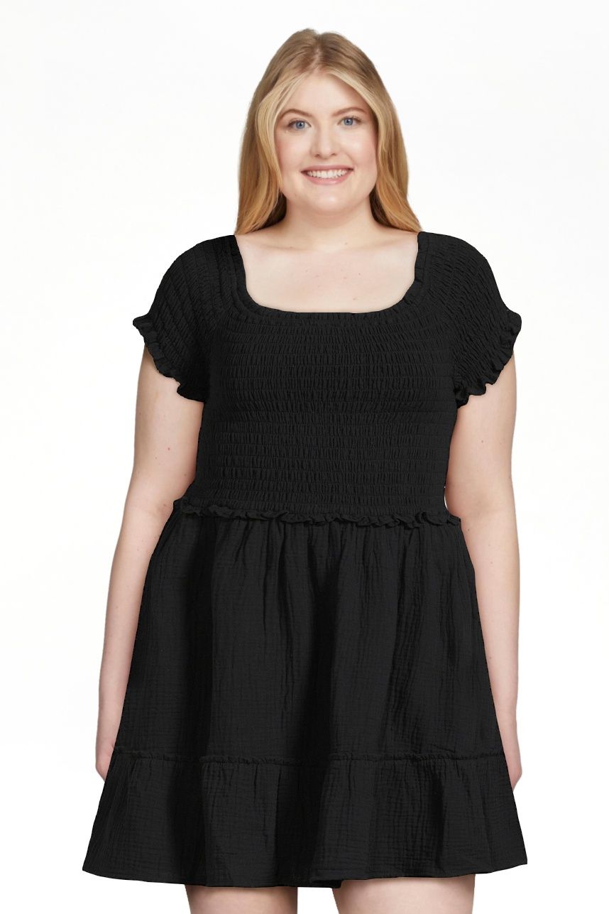 Time and Tru Women's Short Sleeve Smocked Mini Double Cloth Dress - Walmart.com | Walmart (US)