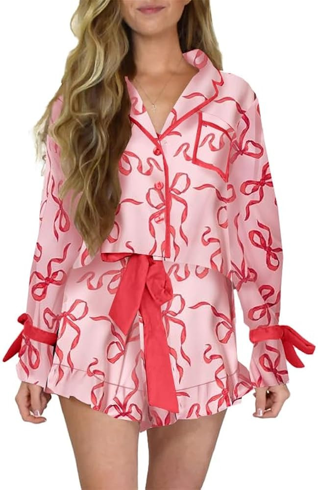 Valentines Day Bow Pajamas for Women Cute Silk Satin Pink Heart Pjs Ruffle Shorts Set Long Sleeve... | Amazon (US)
