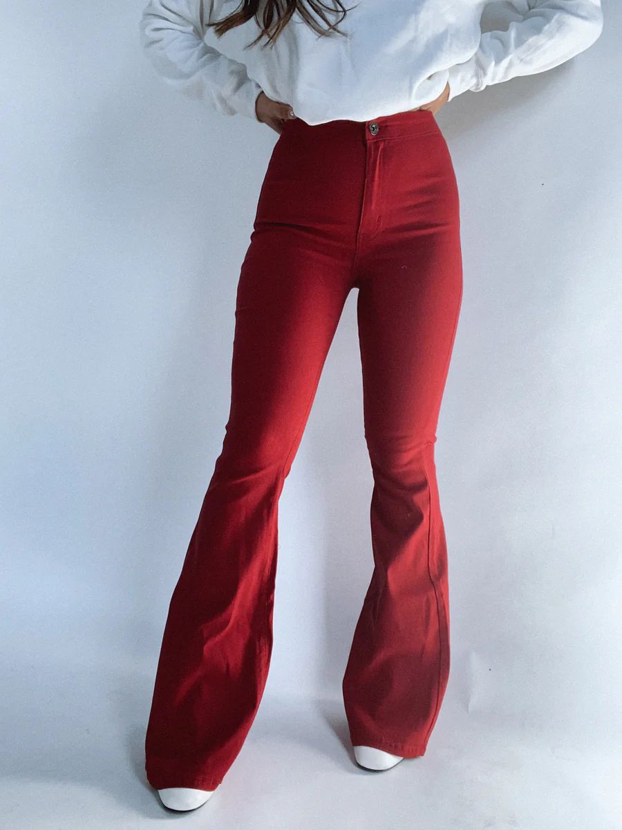 Fiona High Waisted Bell Bottom Flare Jeans - Burgundy | Willow Boutique