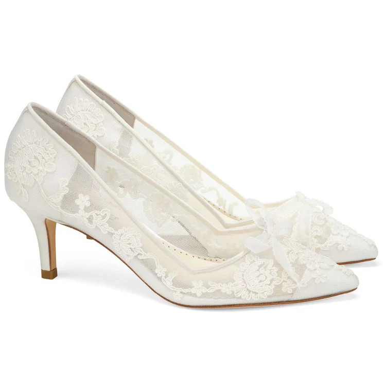 Floral Lace Embroidered Ivory Bridal Kitten Heels | Bella Belle Shoes