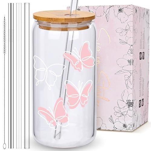 BIPEDS Butterfly Gifts for Women, Pink Cute Glass Cups with Lids and Straws, Aesthetic Iced Coffee Cup, Girly Preppy Design Tumbler Mug, Birthday Valentines Christmas, Teen Girl Gifts Trendy Stuff | Amazon (US)