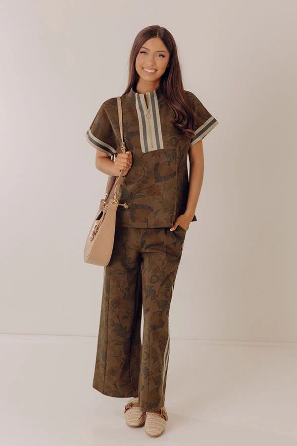 Botanical Club Floral Quarter Zip Top in Chestnut | Impressions Online Boutique
