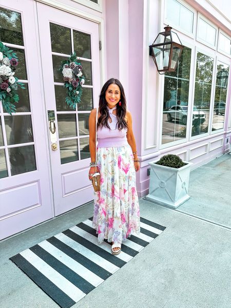 Beautiful floral maxi skirt perfect for all the outdoor summer floral events. Lilac halter ribbed top

Size up one from your normal size.
I am 5’4 and am wearing a medium/ large normally wear a small.
Same in top 

#LTKunder100 #LTKstyletip #LTKunder50