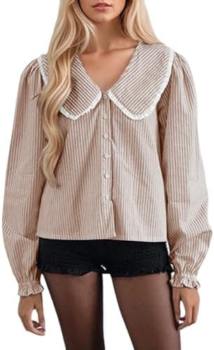 Striped Button Down Shirts for Women Casual V Neck Long Sleeve Blouse Loose Puff Sleeve Babydoll ... | Amazon (US)