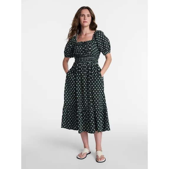 Time and Tru Women's Puff Sleeve Square Neck Midi Dress, Sizes XS-XXXL | Walmart (US)